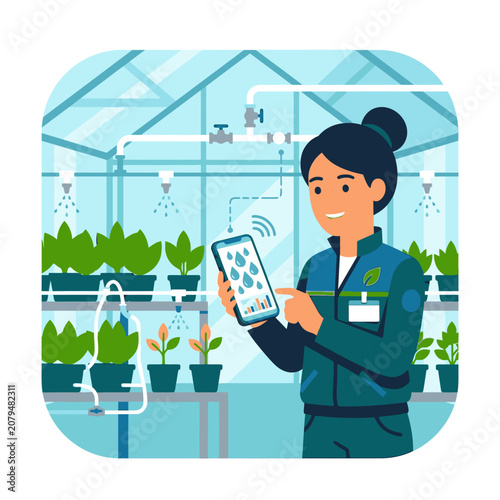 Woman using smartphone for smart greenhouse irrigation control