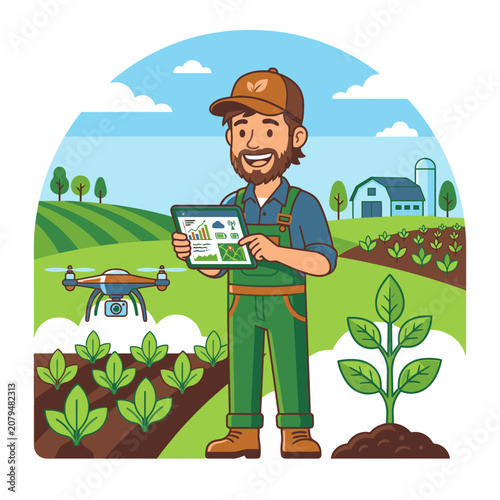 Farmer using tablet and drone for smart agriculture technology