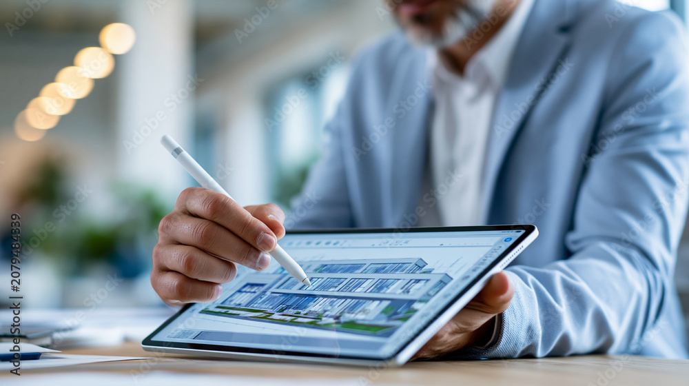 Fototapeta premium Faceless architect using stylus on tablet displaying 3D building model in professional office setting, architectural design concept, BIM photography, blurred office background,