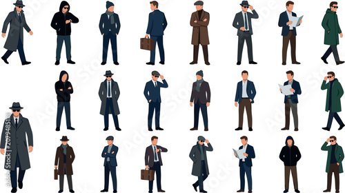 Set of business men and secret agents in various poses