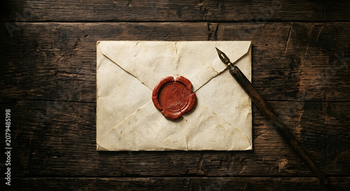 Vintage envelope with red wax seal and dip pen on rustic wooden background. Retro style parchment envelope with red sealing wax and fountain pen on textured wooden surface.