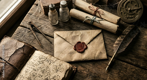 Vintage envelope with red wax seal and dip pen on rustic wooden background. Vintage love letter with red wax seal and antique dip pen on rustic wood table.