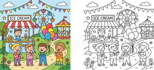 Amusement park coloring page with colored template of happy kids eating ice cream, holding balloons near a ferris wheel and carousel cartoon vector illustration