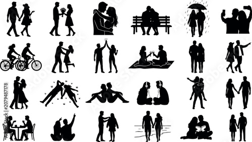 Bild auf Leinwand Set of romantic couple silhouettes in various activities