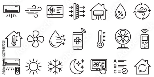 Foto HVAC System Icons: A collection of line art icons depicting various aspects of heating, ventilation, and air conditioning systems, including climate control, temperature, airflow, and humidity