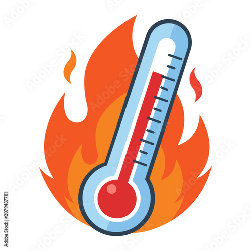 Foto Thermometer on Fire: A laboratory thermometer with a red fluid column, indicating extreme heat, is engulfed in vibrant orange flames, symbolizing high temperature or crisis
