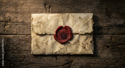 Vintage envelope with red wax seal and dip pen on rustic wooden background. Old antique letter sealed with red wax stamp next to vintage nib pen on dark wood table.
