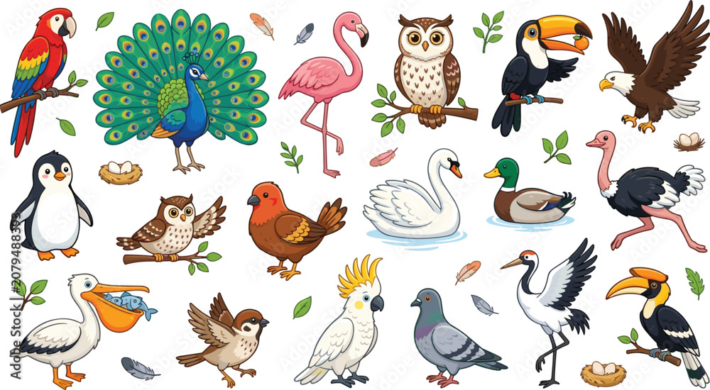 Obraz premium Cute birds cartoon vector set with wild animals parrot owl peacock flamingo penguin toucan eagle isolated on white background