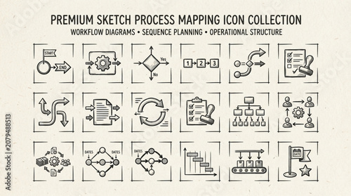 Premium Sketch Process Mapping Icons Set.