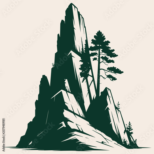 Foto Rocky mountain peak with pine trees, minimalist green silhouette of craggy cliff