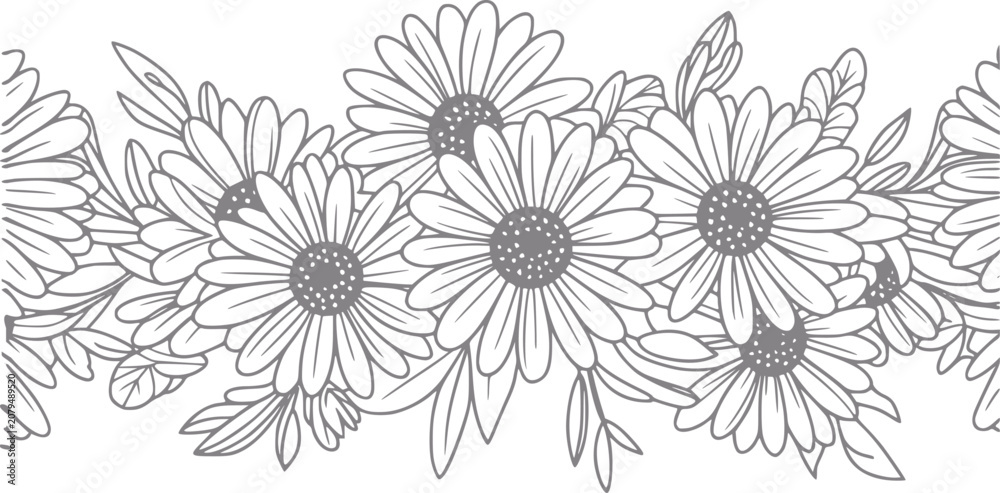 Fototapeta premium Delicate daisy border in grey line