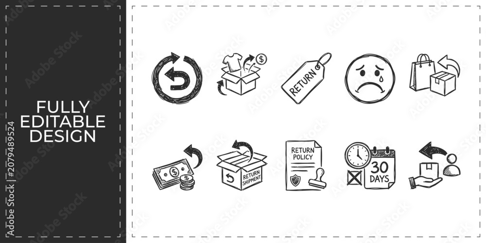 Fototapeta premium E-commerce returns and logistics service hand drawn icons set featuring shopping bags boxes and customer support for digital retail and shipping business graphics