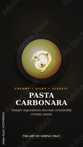 Pasta carbonara recipe presentation with golden spaghetti and ingredients. Clean minimalist 2D motion graphics template with text overlays on beige background. 