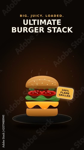 Burger ingredients stacking animation with cheese melting and steam. 3D motion graphics with realistic food rendering. Culinary video for social media and advertising