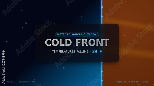 Cold front weather transition animation. Sharp wall of icy blue triangles advances across warm amber landscape transforming into frosted world. Motion graphics