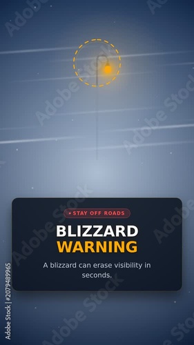 Blizzard warning animation with lone roadside lamp disappearing in whiteout snow storm. Icy blue winter crosswind motion graphics with dramatic visibility loss. 