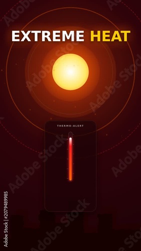 Extreme heat wave with melting city skyline and rising thermometer animation. Motion graphics depicting dangerous temperatures with red warning zone. 