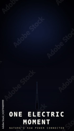 Lightning strike striking a metallic tower in stormy landscape animation. Electric branch leaders growing from dark cloud to ground in CGI render. 