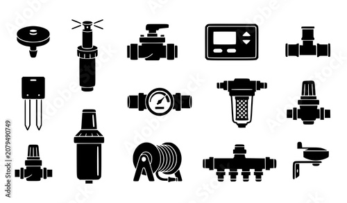 Canvas Print Garden Irrigation and Automatic Watering System Icon Set featuring Sprinkler, Va