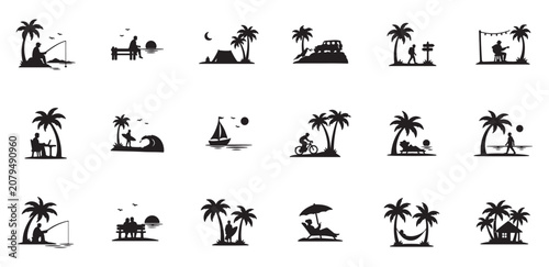 Tropical Beach Vacation Silhouette Icon Set with Palm Trees and Leisure Activities