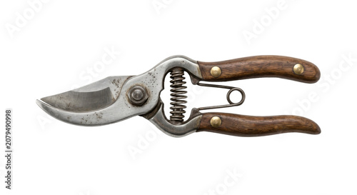 Pruning shears with wooden handles on transparent background