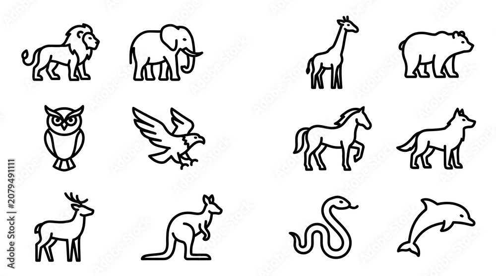 Obraz premium Collection of Animal Icons: Lion, Elephant, Giraffe, Bear, Owl, Eagle, Horse, Wolf, Deer, Kangaroo, Snake, Dolphin