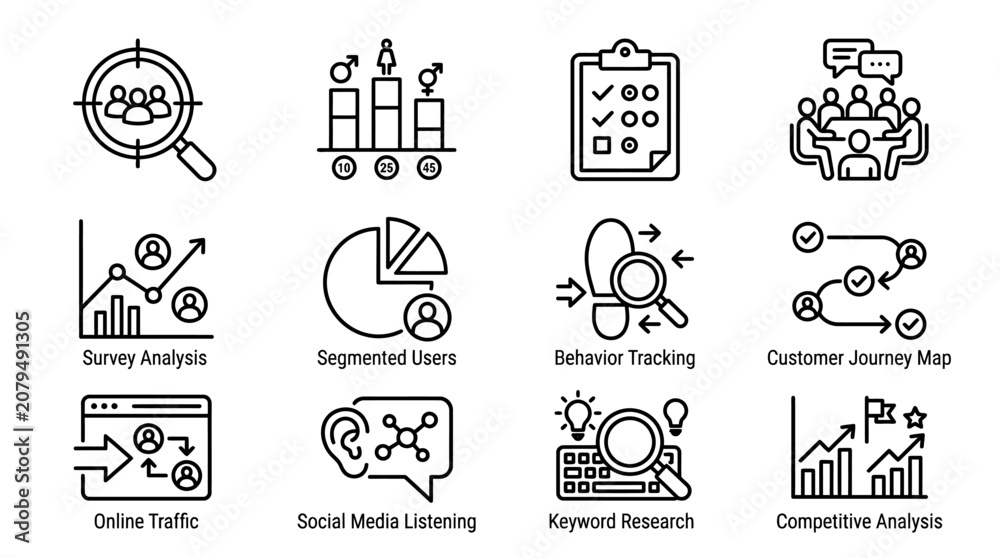 Fototapeta premium Digital Marketing Icons: Analytics, Strategy, SEO, Customer Journey, Social Media & Traffic