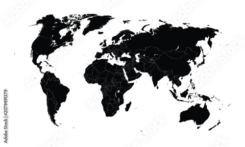 Black and white world map silhouette illustration, ideal for global geography, international travel, earth concepts, graphic design, and educational backgrounds.