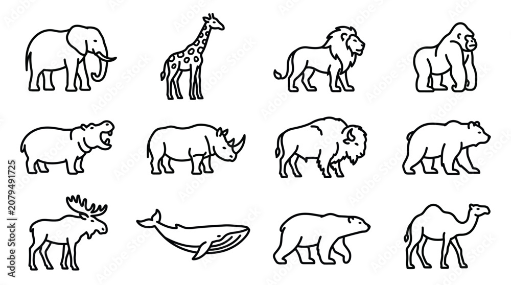 Fototapeta premium Collection of Safari and Wild Animal Icons - Elephant, Lion, Giraffe, Gorilla, Rhino, Hippo