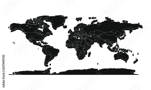 Black, 3D world map silhouette showing global continents, oceans, and borders, perfect for international business, education, and travel design projects