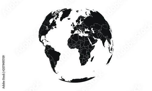 Black and white, detailed globe illustration showing planet Earth continents, countries, oceans, geography, global map design on isolated white background.