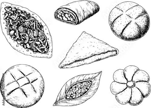 Obraz na plátně Hand-drawn set of various traditional baked breads, pastries, and savory stuffed