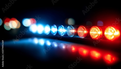 Flashing red and blue lights create a captivating display on a dark background representing law enforcement and emergency response