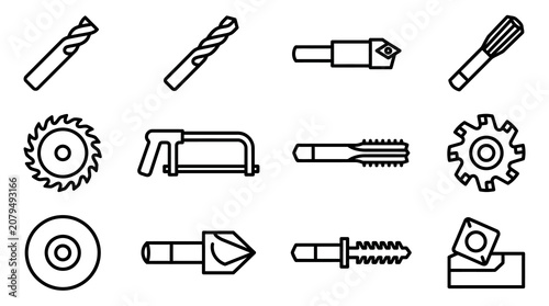 Industrial Tools Icons Set: Drilling, Cutting, Machining & Engineering Equipment