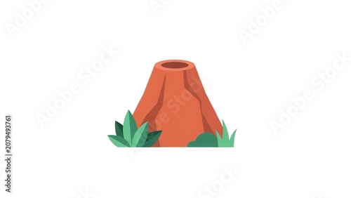Stylized orange volcano icon with green leaves and grass isolated on white background