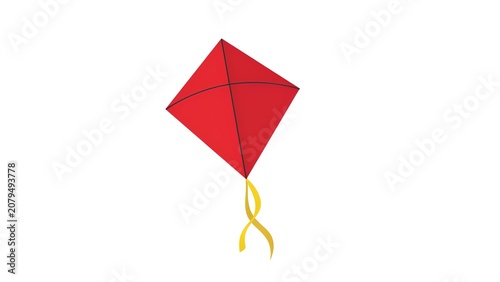 Vibrant red kite with a long yellow tail flying high in the sky on white background