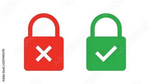 Red locked and green unlocked padlocks showing status in a flat design on white background