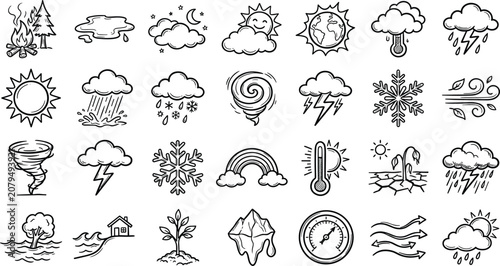 Hand Drawn Weather Forecast and Climate Change Icon Set Featuring Natural Disaster Symbols for Handcrafted Style Layouts and Mobile Applications