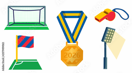 Football Stadium Equipment with Match Essentials in Flat Vector Style for Sports Events