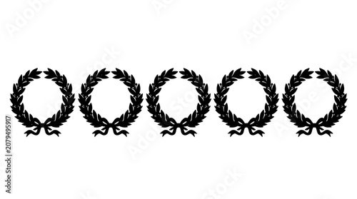 Laurel Wreath Set with Black Circular Leaves and Ornamental Branches for Decorative Badges and Award Icons