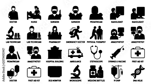 Medical Healthcare Icons Set with Doctors Nurses Specialists and Emergency Tools for Hospital Workflow Concept