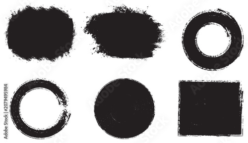 Tableau sur toile Black grunge brush stroke banner set with ink texture paint splash circle frame and scratchy artistic border vector isolated white background