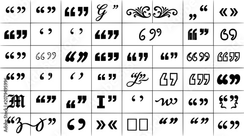Quotation Mark Set with Ornamental Flourishes and Decorative Vintage Typography Marks on Grid Background
