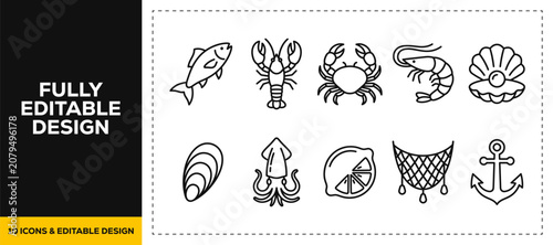 Canvastavla flat vector illustration line art icon bundle set design focusing on fresh ocean