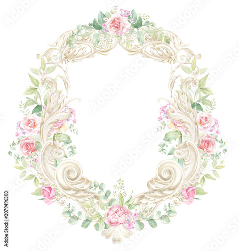 Floral baroque crest, ornamental frame, hand-drawn watercolor design