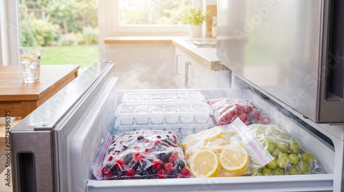 freezer ice trays frozen food summer cooling heatwave kitchen refreshment showing an organized open drawer filled with cold supplies for drinks desserts home routines and seasonal survival themes