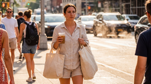 reusable grocery bags summer heat city shopping street lifestyle showing daily errands in harsh sun for eco retail campaigns urban wellness messages and hot weather routine content
