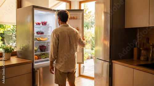 open refrigerator summer heat cold drink kitchen home cooling showing a person choosing refreshment from a fridge for hydration habits household routines and hot day comfort advertising