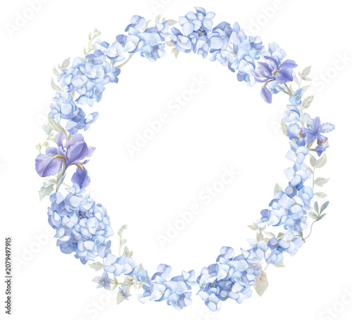 Watercolor hydrangea wreath with blue irises