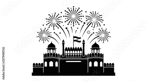 Silhouette of the historic Red Fort in Delhi with celebratory fireworks display.